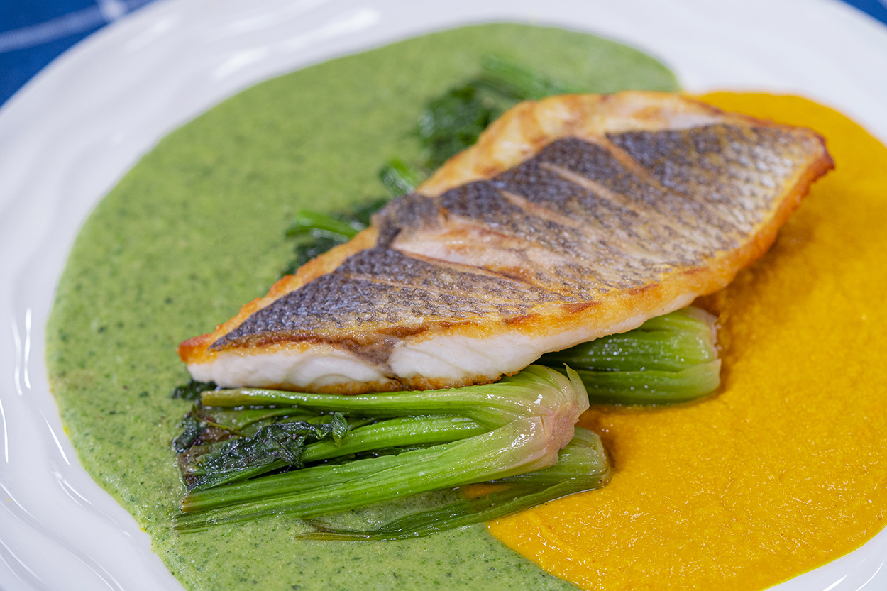 Sea Bass with Yellow and Green Chickpea Puree Recipe